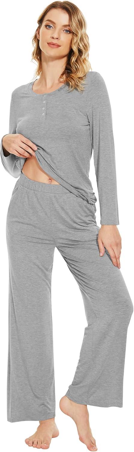 imageWiWi Viscose from Bamboo Pajama Set for Women 2 Pieces Long Sleeve Loungwear Soft Sleepwear Loose Comfy Pj Sets Pockets SXXLBheather Grey