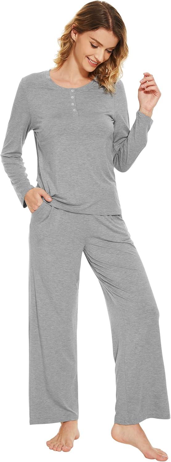 imageWiWi Viscose from Bamboo Pajama Set for Women 2 Pieces Long Sleeve Loungwear Soft Sleepwear Loose Comfy Pj Sets Pockets SXXLBheather Grey