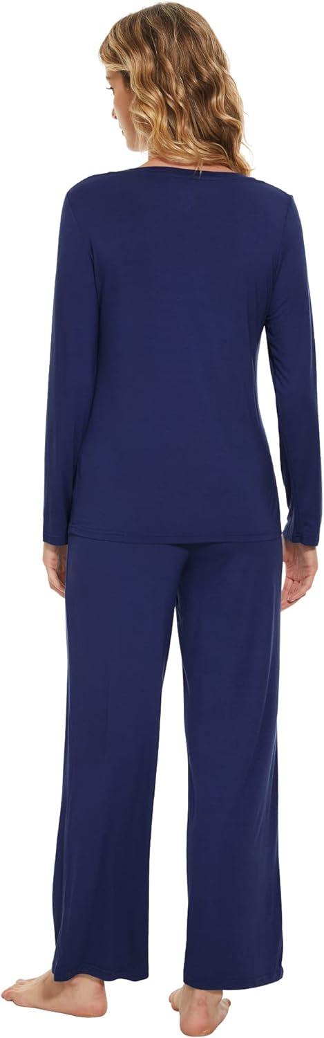 imageWiWi Viscose from Bamboo Pajama Set for Women 2 Pieces Long Sleeve Loungwear Soft Sleepwear Loose Comfy Pj Sets Pockets SXXLBnavy