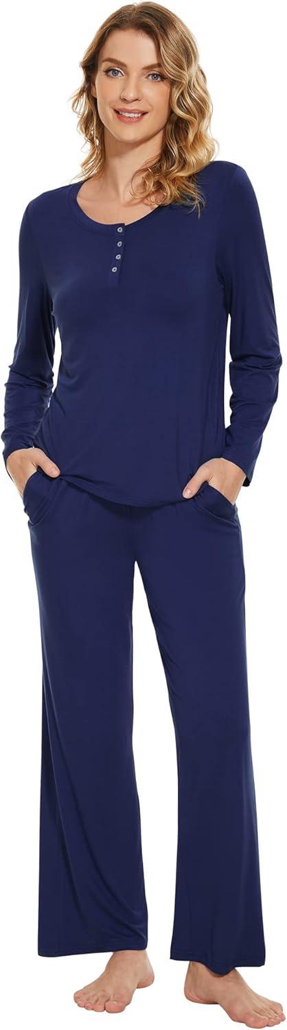 imageWiWi Viscose from Bamboo Pajama Set for Women 2 Pieces Long Sleeve Loungwear Soft Sleepwear Loose Comfy Pj Sets Pockets SXXLBnavy