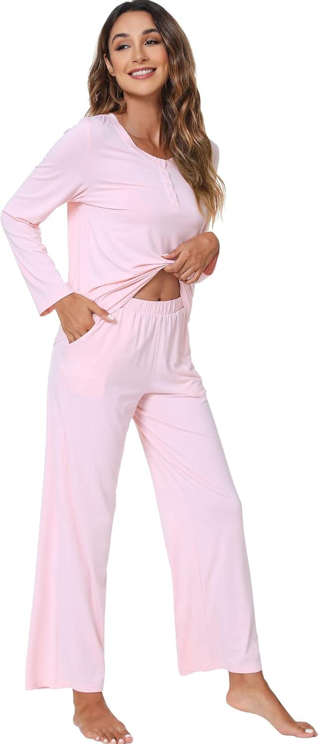 imageWiWi Viscose from Bamboo Pajama Set for Women 2 Pieces Long Sleeve Loungwear Soft Sleepwear Loose Comfy Pj Sets Pockets SXXLBpink