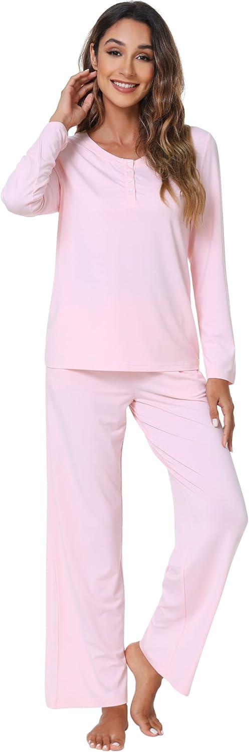 imageWiWi Viscose from Bamboo Pajama Set for Women 2 Pieces Long Sleeve Loungwear Soft Sleepwear Loose Comfy Pj Sets Pockets SXXLBpink
