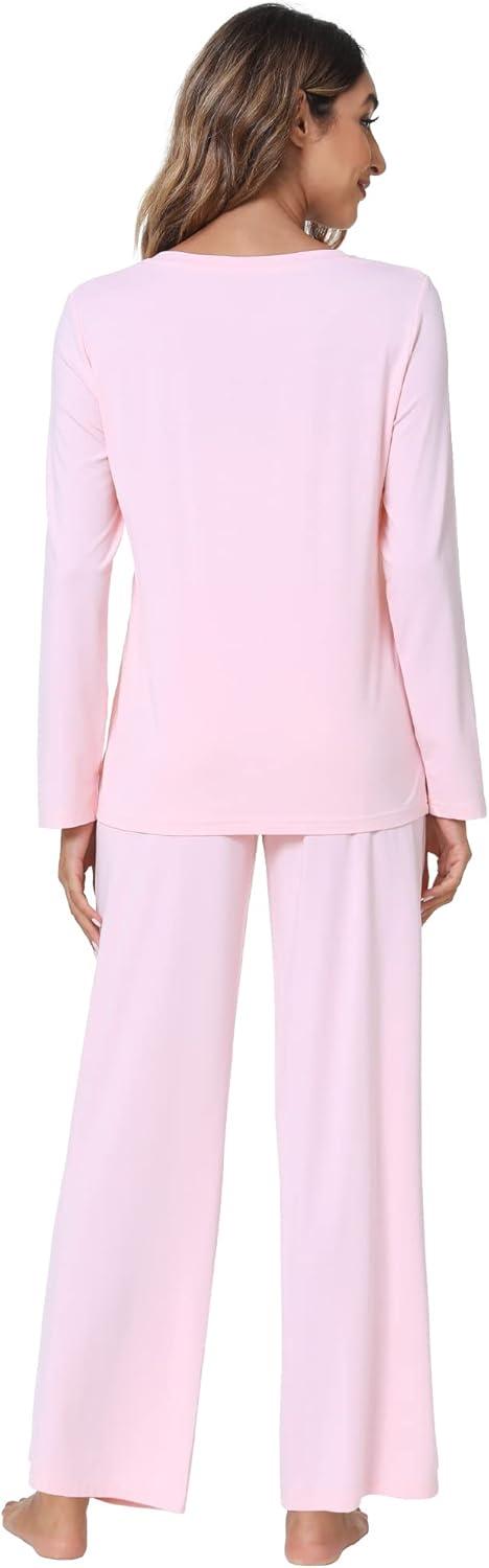 imageWiWi Viscose from Bamboo Pajama Set for Women 2 Pieces Long Sleeve Loungwear Soft Sleepwear Loose Comfy Pj Sets Pockets SXXLBpink