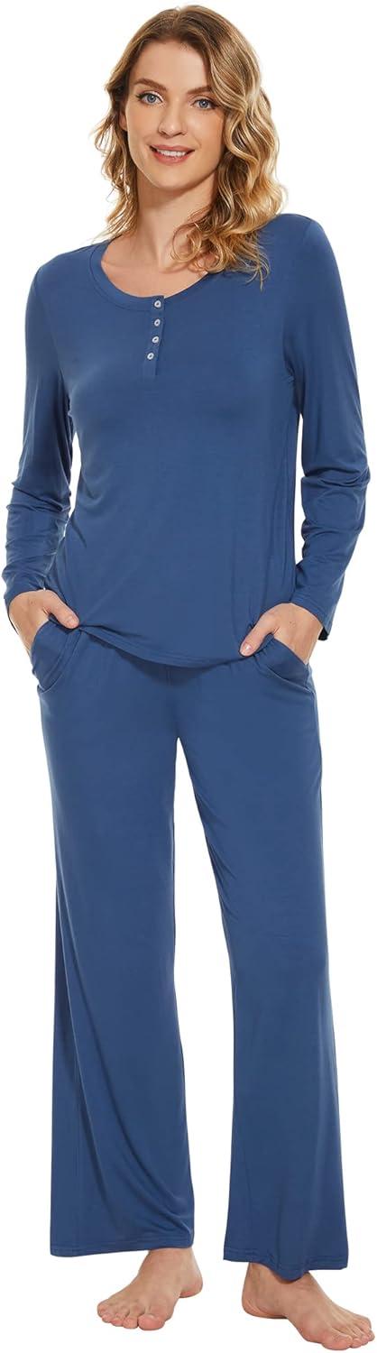 imageWiWi Viscose from Bamboo Pajama Set for Women 2 Pieces Long Sleeve Loungwear Soft Sleepwear Loose Comfy Pj Sets Pockets SXXLBprussian Blue