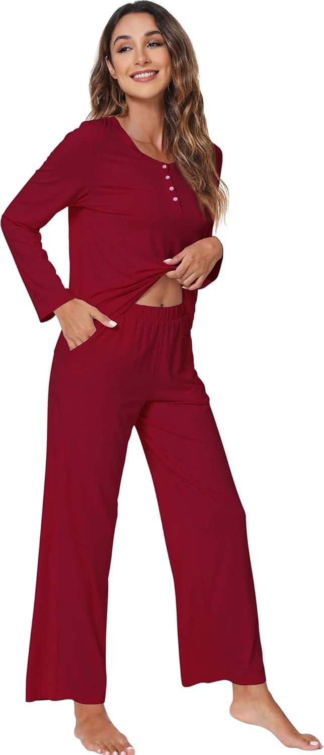 imageWiWi Viscose from Bamboo Pajama Set for Women 2 Pieces Long Sleeve Loungwear Soft Sleepwear Loose Comfy Pj Sets Pockets SXXLBwine Red