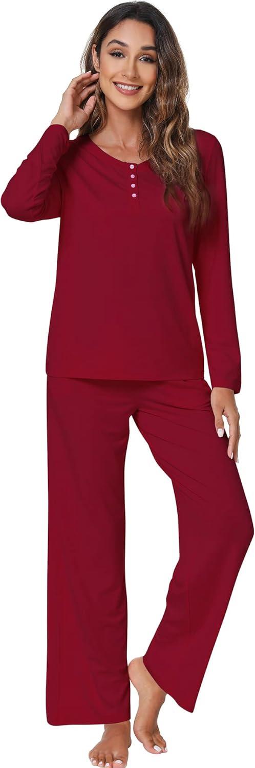 imageWiWi Viscose from Bamboo Pajama Set for Women 2 Pieces Long Sleeve Loungwear Soft Sleepwear Loose Comfy Pj Sets Pockets SXXLBwine Red