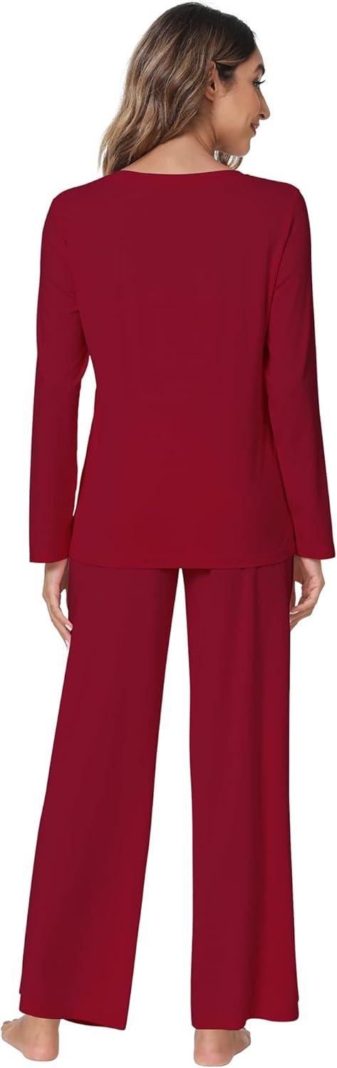 imageWiWi Viscose from Bamboo Pajama Set for Women 2 Pieces Long Sleeve Loungwear Soft Sleepwear Loose Comfy Pj Sets Pockets SXXLBwine Red