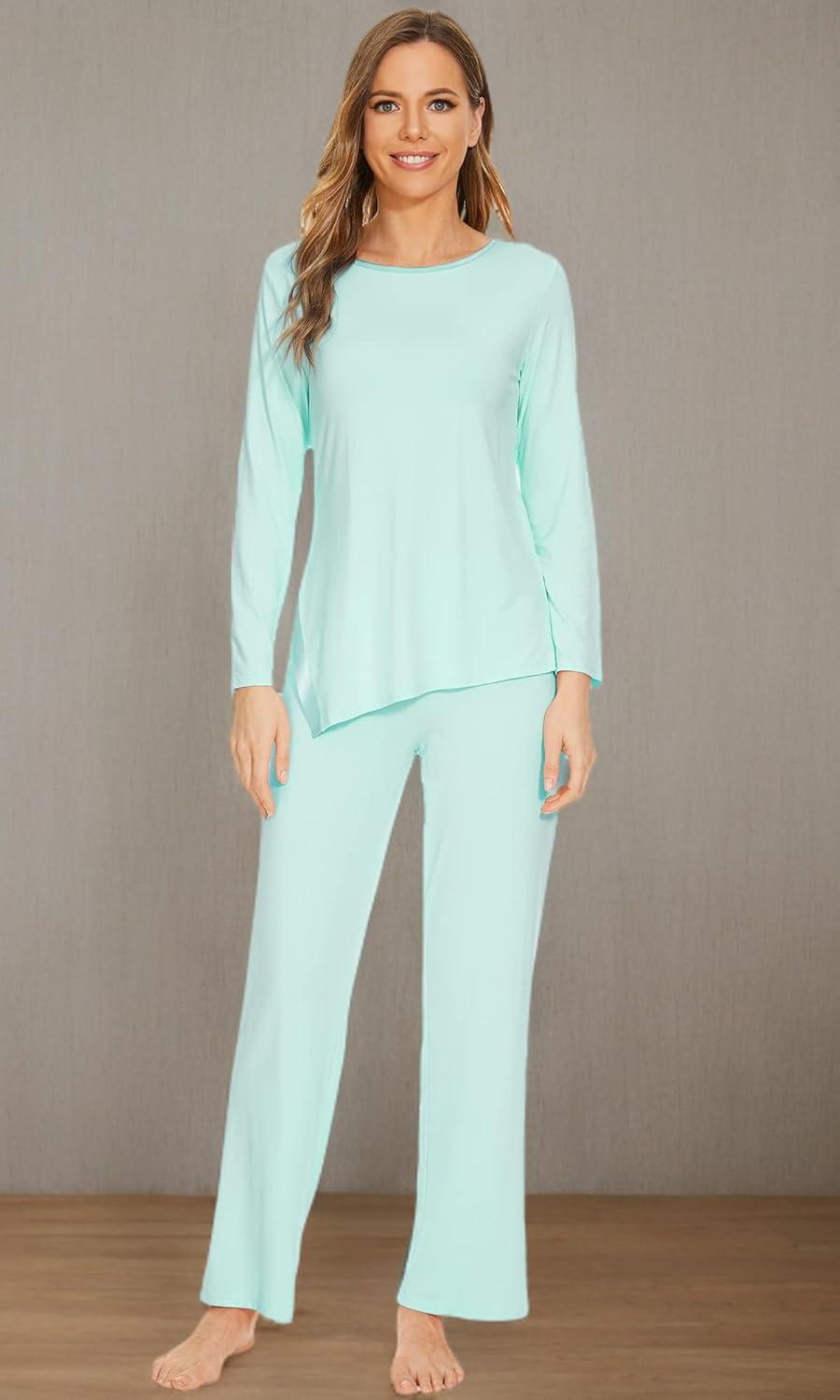 imageWiWi Viscose from Bamboo Pajamas Set for Women Soft Long Sleeve Pj Sleepwear Knit Jammies Pants Lounge Sets Loungewear SXXLAaqua