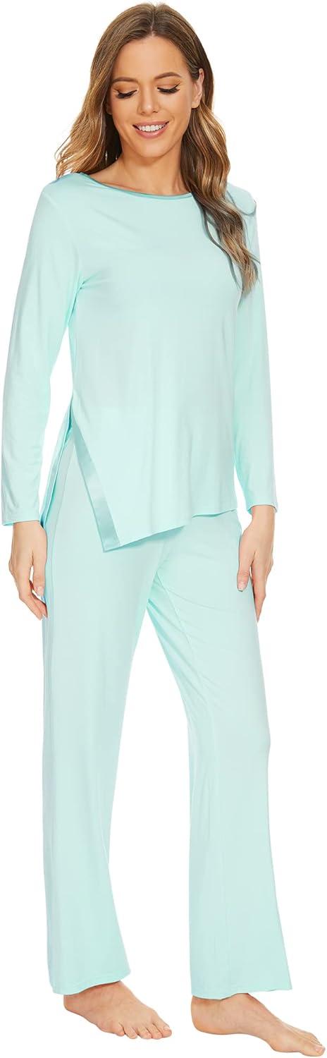 imageWiWi Viscose from Bamboo Pajamas Set for Women Soft Long Sleeve Pj Sleepwear Knit Jammies Pants Lounge Sets Loungewear SXXLAaqua