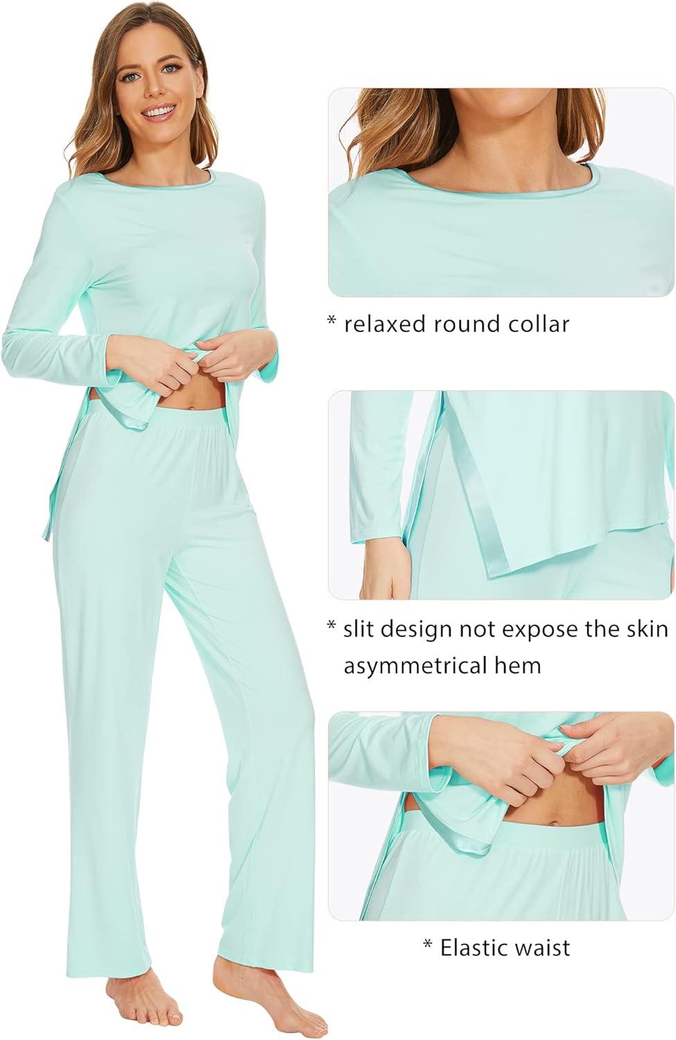 imageWiWi Viscose from Bamboo Pajamas Set for Women Soft Long Sleeve Pj Sleepwear Knit Jammies Pants Lounge Sets Loungewear SXXLAaqua