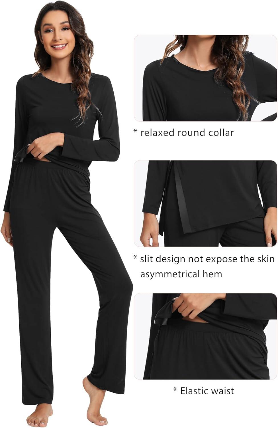 imageWiWi Viscose from Bamboo Pajamas Set for Women Soft Long Sleeve Pj Sleepwear Knit Jammies Pants Lounge Sets Loungewear SXXLAblack