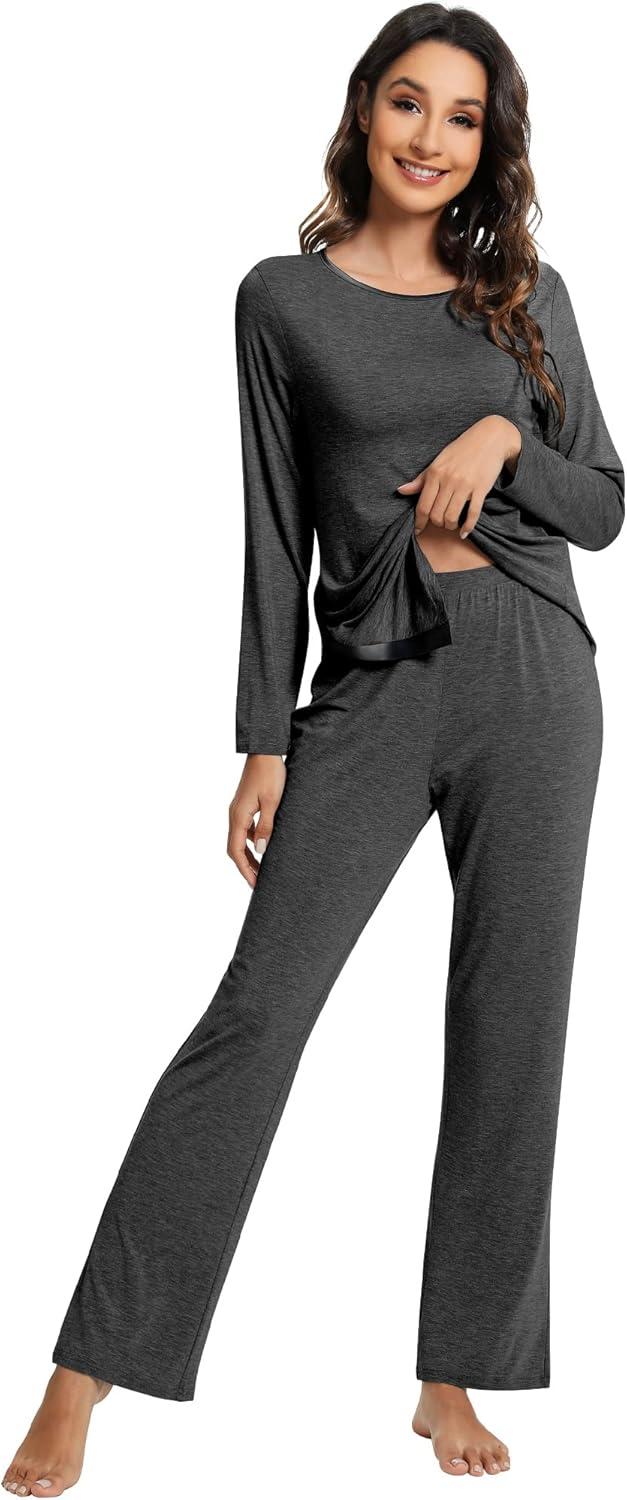 imageWiWi Viscose from Bamboo Pajamas Set for Women Soft Long Sleeve Pj Sleepwear Knit Jammies Pants Lounge Sets Loungewear SXXLAcharcoal Heather