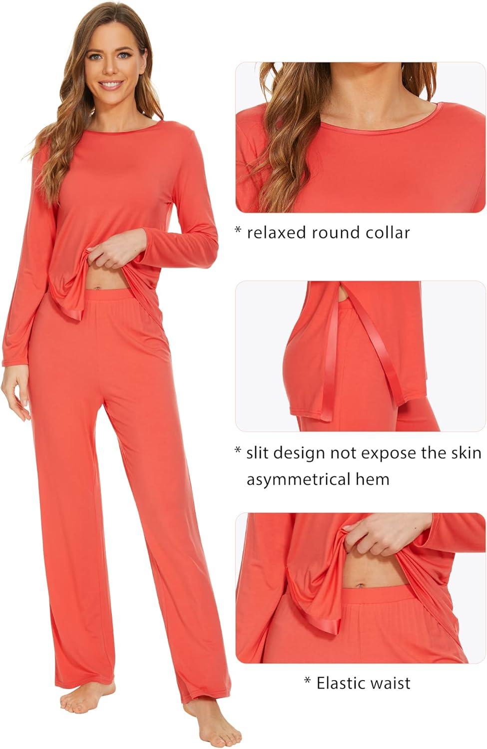 imageWiWi Viscose from Bamboo Pajamas Set for Women Soft Long Sleeve Pj Sleepwear Knit Jammies Pants Lounge Sets Loungewear SXXLAcoral