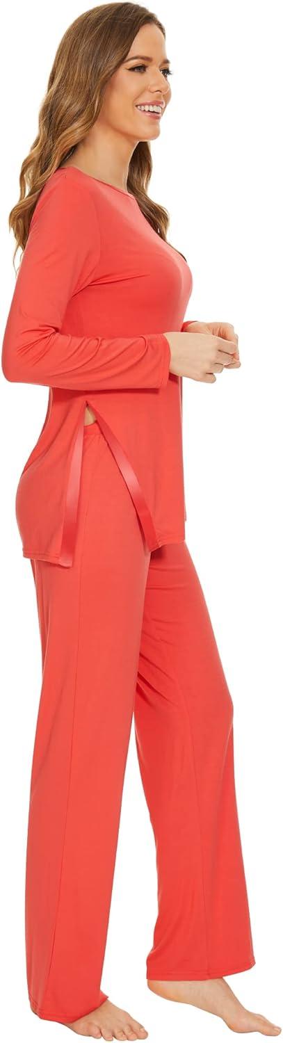 imageWiWi Viscose from Bamboo Pajamas Set for Women Soft Long Sleeve Pj Sleepwear Knit Jammies Pants Lounge Sets Loungewear SXXLAcoral