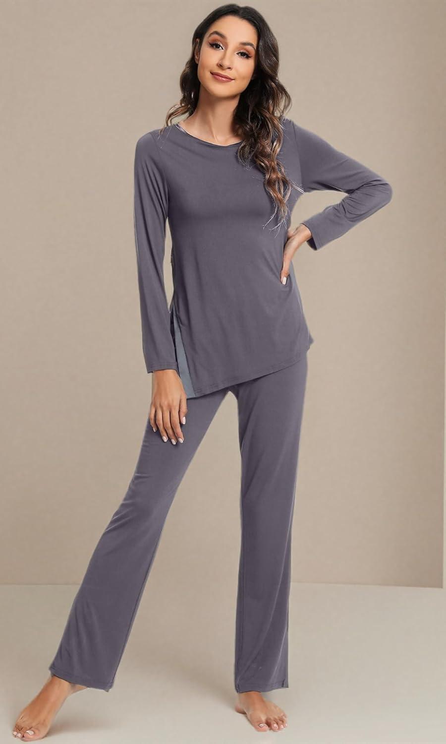 imageWiWi Viscose from Bamboo Pajamas Set for Women Soft Long Sleeve Pj Sleepwear Knit Jammies Pants Lounge Sets Loungewear SXXLAdark Grey