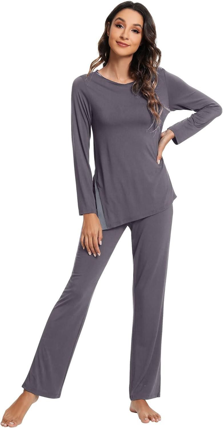 imageWiWi Viscose from Bamboo Pajamas Set for Women Soft Long Sleeve Pj Sleepwear Knit Jammies Pants Lounge Sets Loungewear SXXLAdark Grey