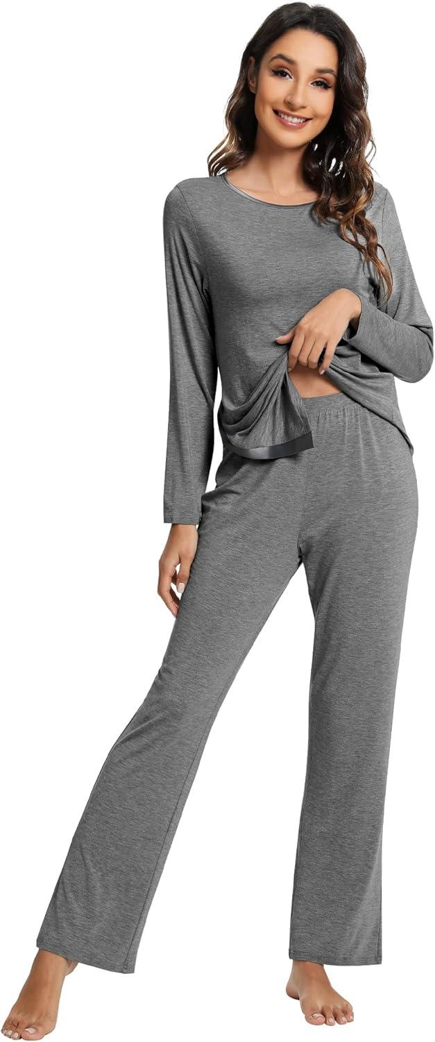 imageWiWi Viscose from Bamboo Pajamas Set for Women Soft Long Sleeve Pj Sleepwear Knit Jammies Pants Lounge Sets Loungewear SXXLAdark Heather Grey