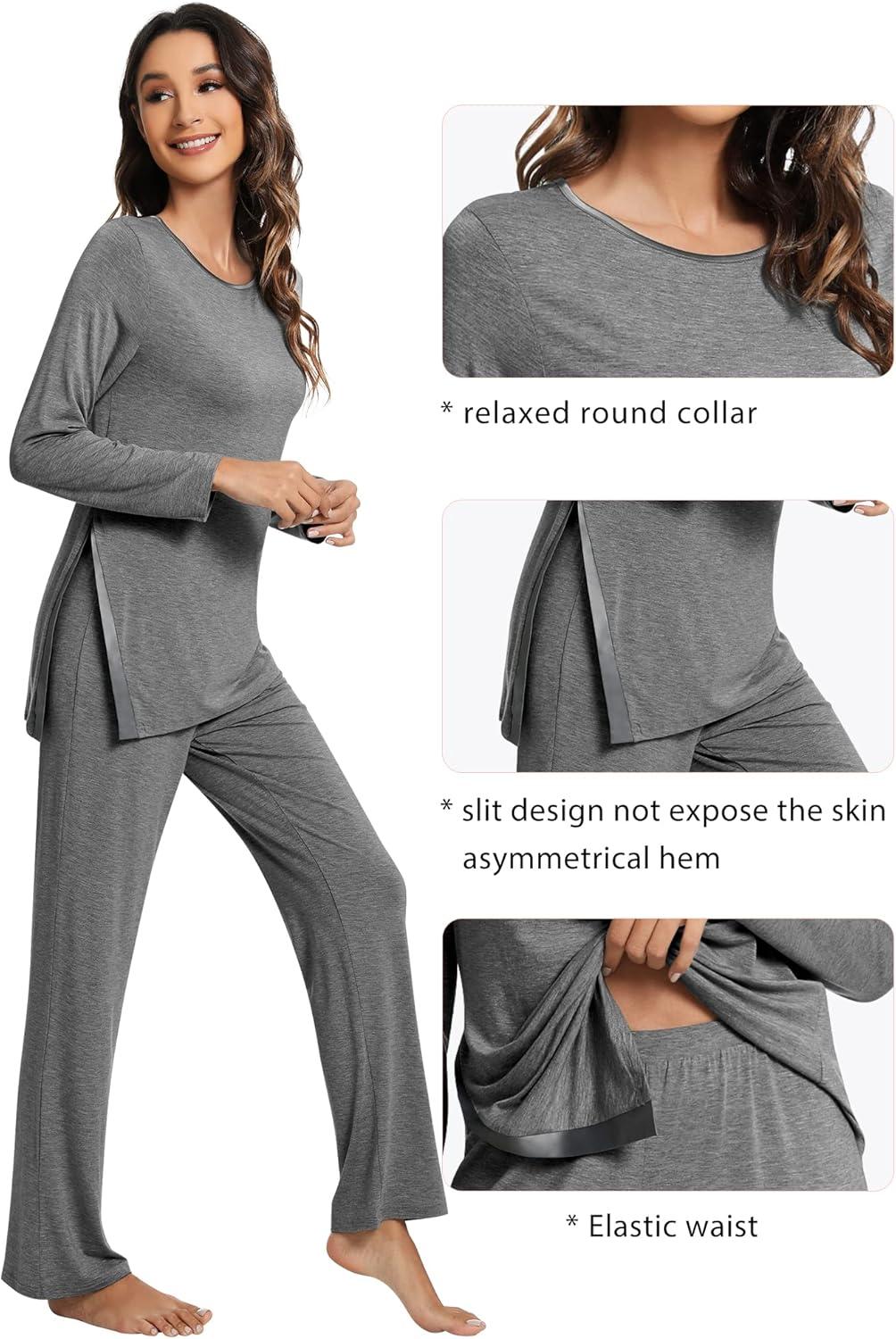 imageWiWi Viscose from Bamboo Pajamas Set for Women Soft Long Sleeve Pj Sleepwear Knit Jammies Pants Lounge Sets Loungewear SXXLAdark Heather Grey