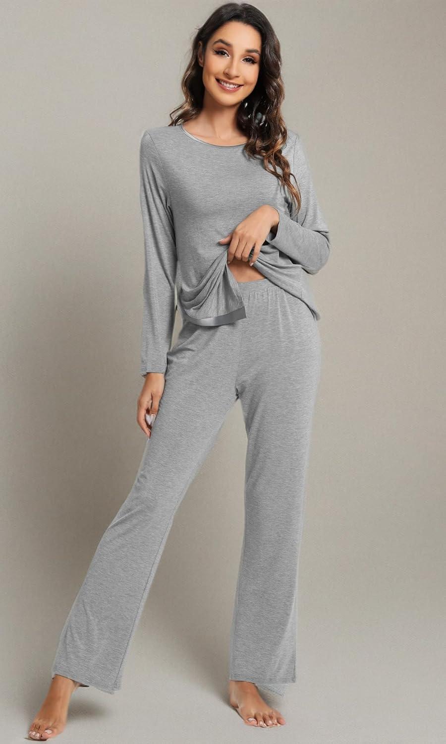 imageWiWi Viscose from Bamboo Pajamas Set for Women Soft Long Sleeve Pj Sleepwear Knit Jammies Pants Lounge Sets Loungewear SXXLAheather Grey