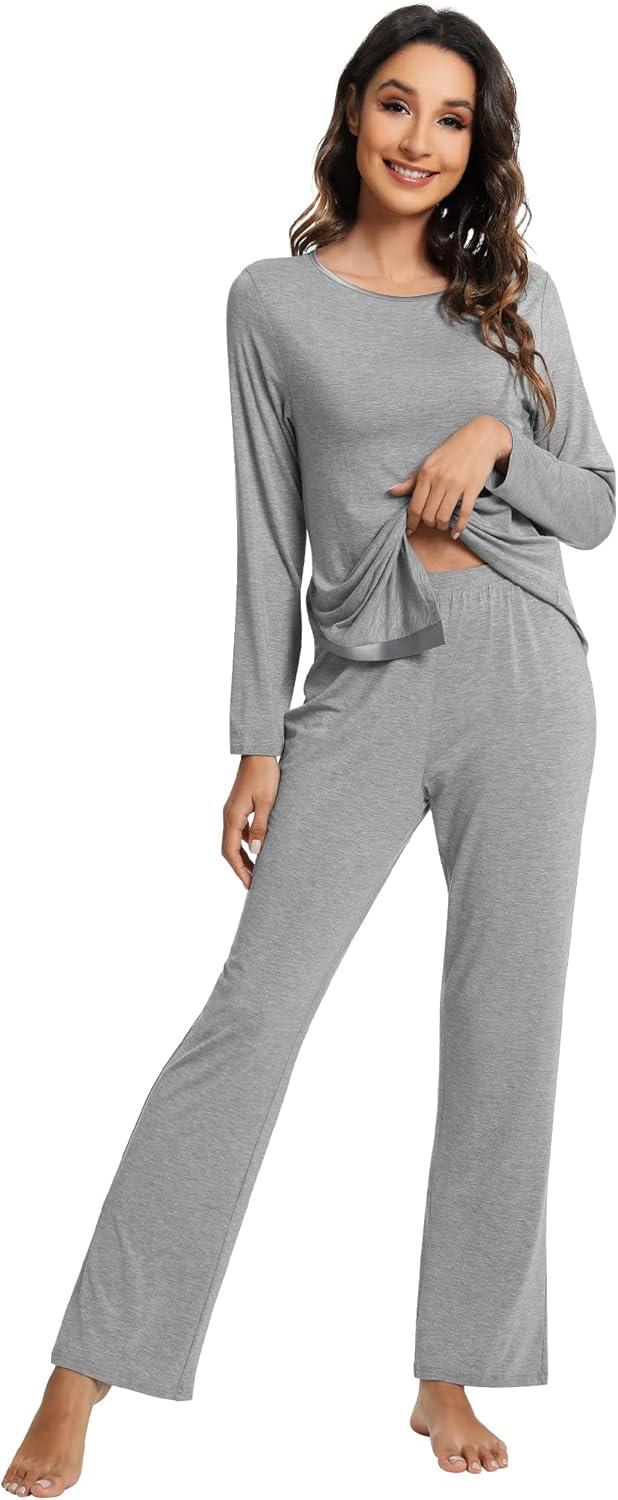 imageWiWi Viscose from Bamboo Pajamas Set for Women Soft Long Sleeve Pj Sleepwear Knit Jammies Pants Lounge Sets Loungewear SXXLAheather Grey