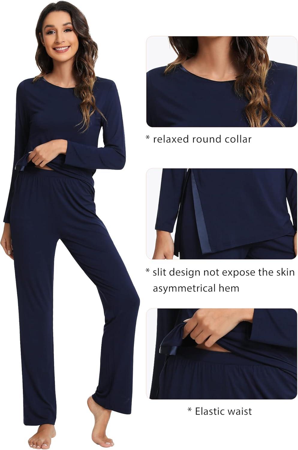 imageWiWi Viscose from Bamboo Pajamas Set for Women Soft Long Sleeve Pj Sleepwear Knit Jammies Pants Lounge Sets Loungewear SXXLAnavy