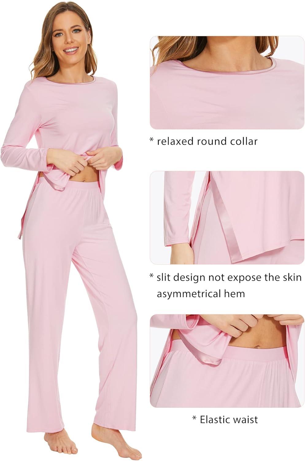 imageWiWi Viscose from Bamboo Pajamas Set for Women Soft Long Sleeve Pj Sleepwear Knit Jammies Pants Lounge Sets Loungewear SXXLApink