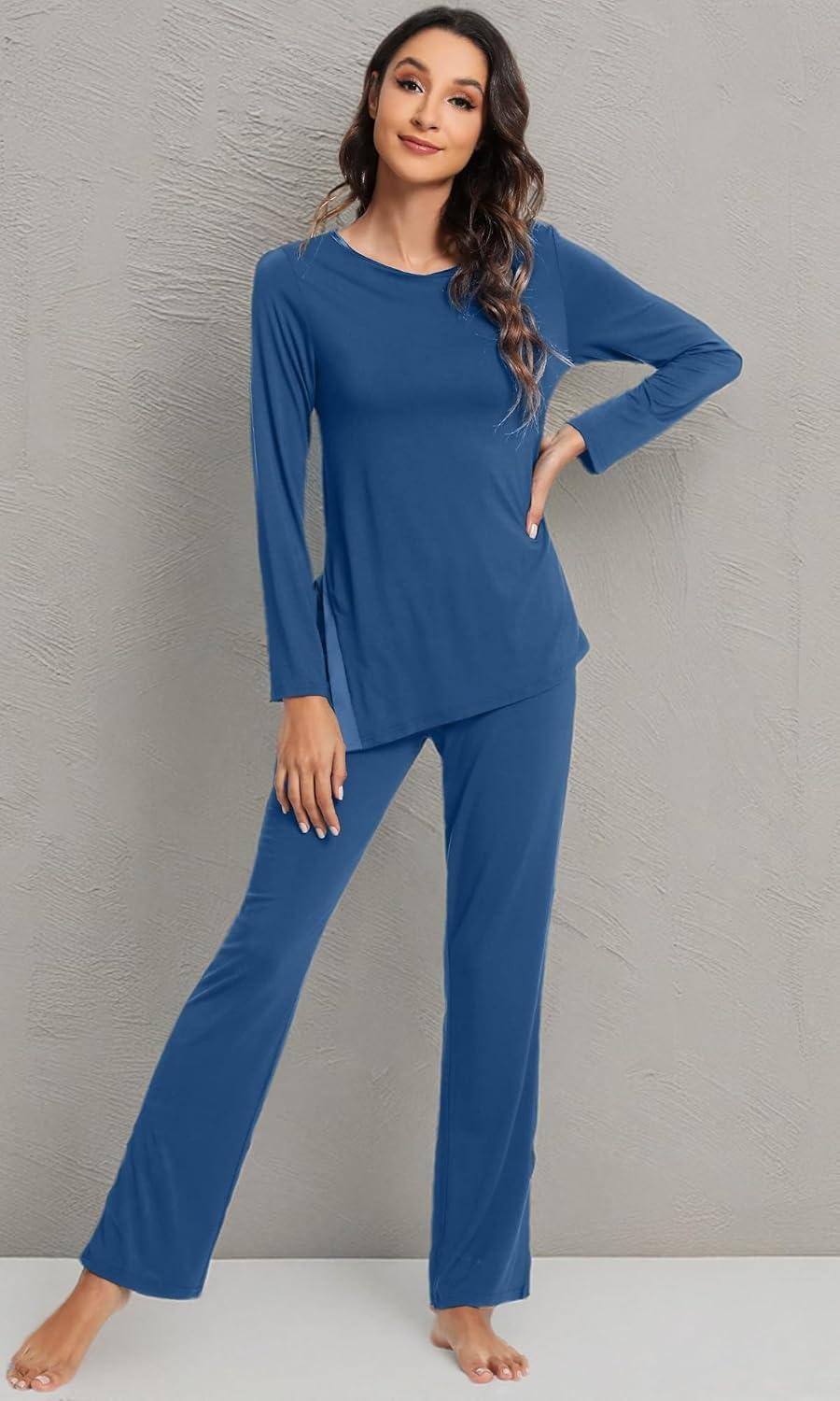 imageWiWi Viscose from Bamboo Pajamas Set for Women Soft Long Sleeve Pj Sleepwear Knit Jammies Pants Lounge Sets Loungewear SXXLAprussian Blue