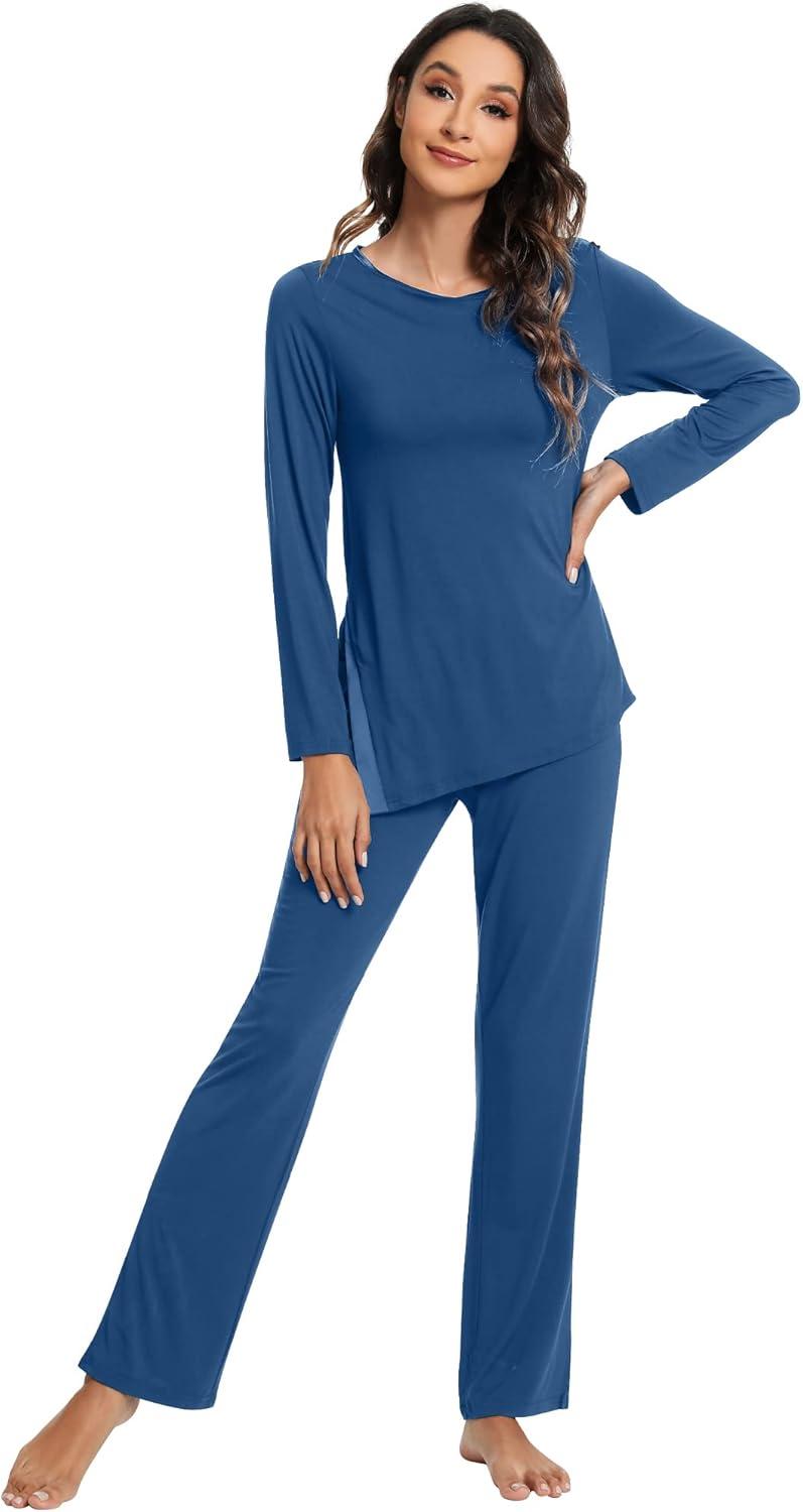 imageWiWi Viscose from Bamboo Pajamas Set for Women Soft Long Sleeve Pj Sleepwear Knit Jammies Pants Lounge Sets Loungewear SXXLAprussian Blue