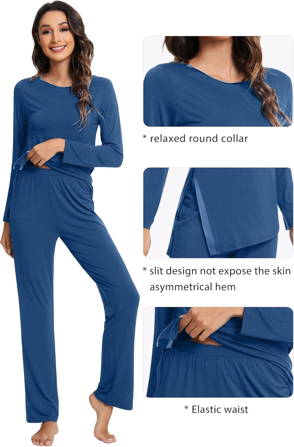 imageWiWi Viscose from Bamboo Pajamas Set for Women Soft Long Sleeve Pj Sleepwear Knit Jammies Pants Lounge Sets Loungewear SXXLAprussian Blue