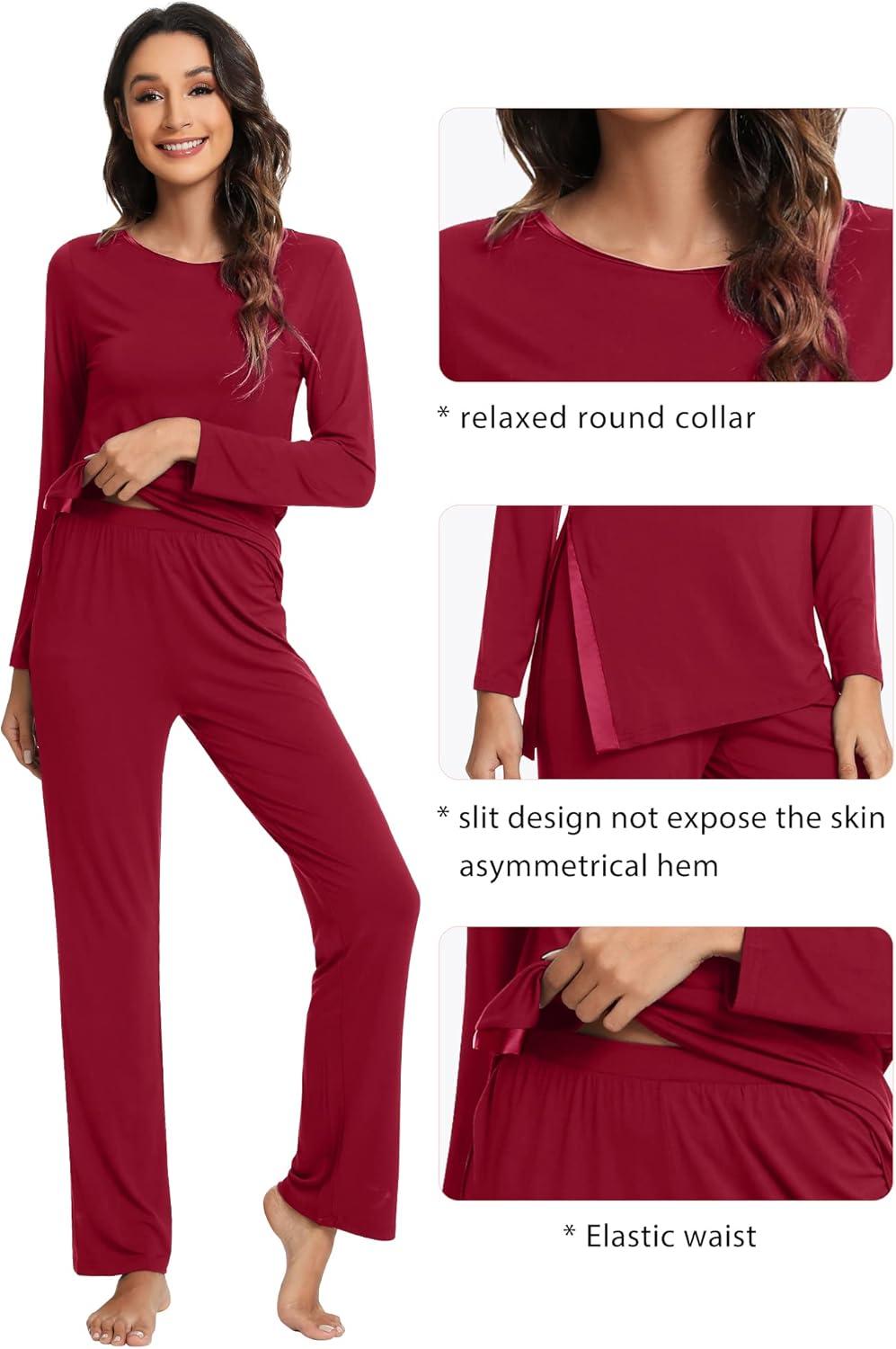 imageWiWi Viscose from Bamboo Pajamas Set for Women Soft Long Sleeve Pj Sleepwear Knit Jammies Pants Lounge Sets Loungewear SXXLAwine Red