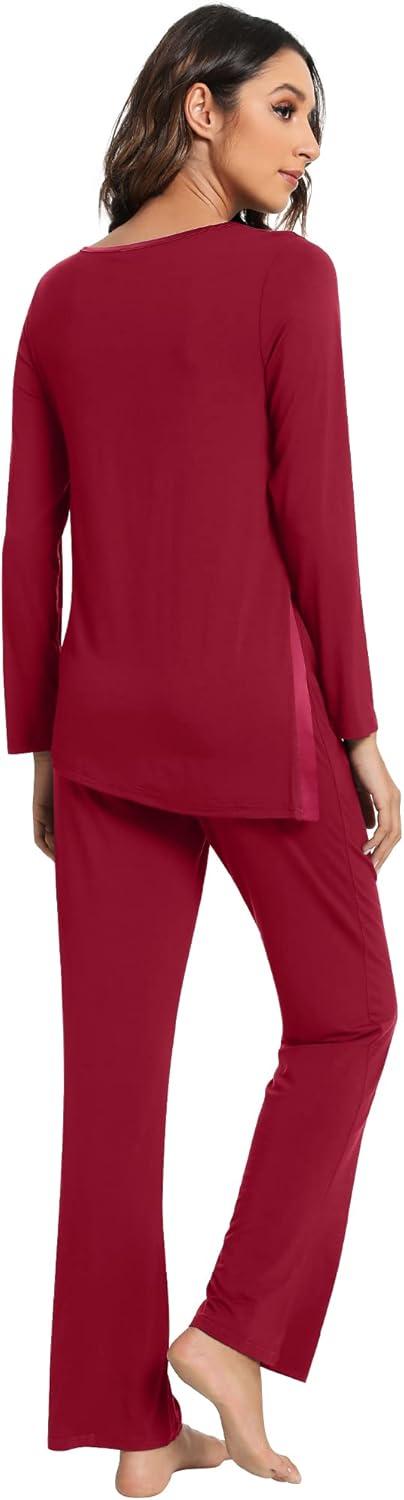 imageWiWi Viscose from Bamboo Pajamas Set for Women Soft Long Sleeve Pj Sleepwear Knit Jammies Pants Lounge Sets Loungewear SXXLAwine Red