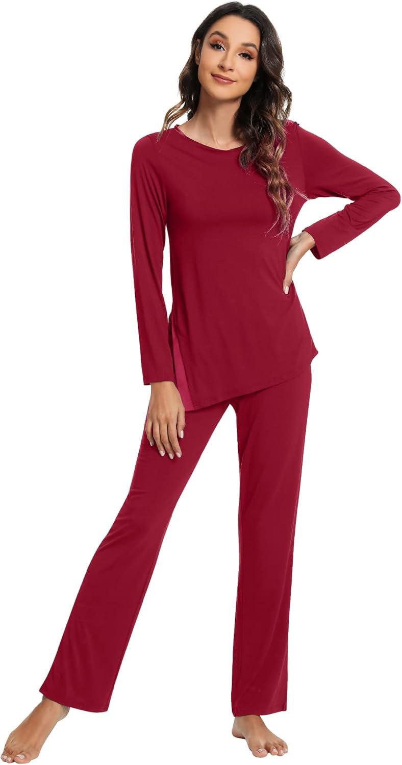 imageWiWi Viscose from Bamboo Pajamas Set for Women Soft Long Sleeve Pj Sleepwear Knit Jammies Pants Lounge Sets Loungewear SXXLAwine Red