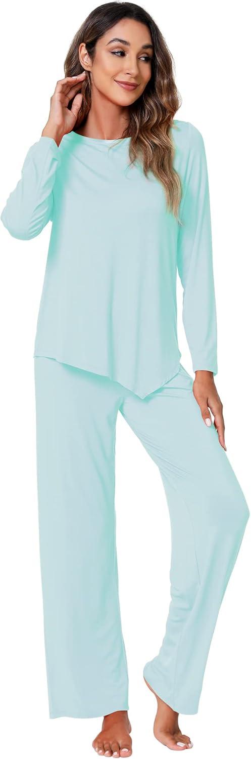 imageWiWi Viscose from Bamboo Pajamas Set for Women Soft Long Sleeve Pj Sleepwear Knit Jammies Pants Lounge Sets Loungewear SXXLBaqua