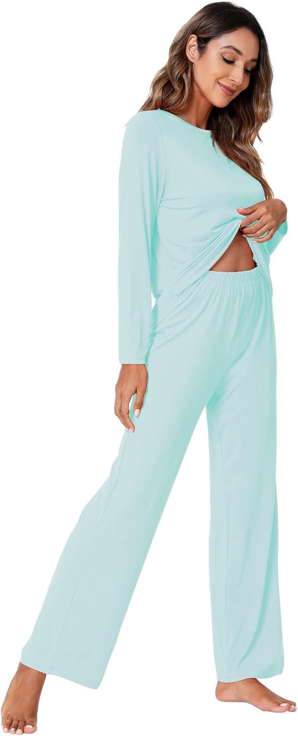 imageWiWi Viscose from Bamboo Pajamas Set for Women Soft Long Sleeve Pj Sleepwear Knit Jammies Pants Lounge Sets Loungewear SXXLBaqua
