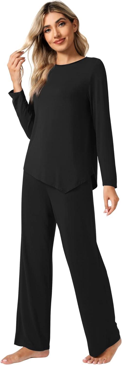 imageWiWi Viscose from Bamboo Pajamas Set for Women Soft Long Sleeve Pj Sleepwear Knit Jammies Pants Lounge Sets Loungewear SXXLBblack