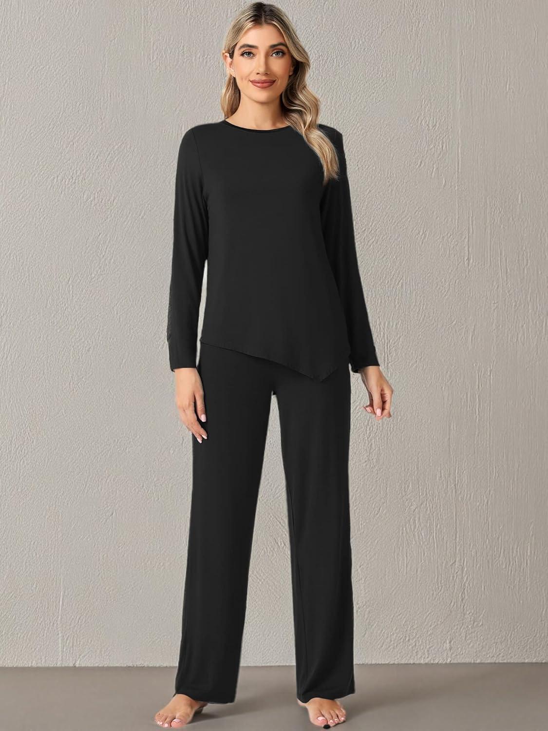 imageWiWi Viscose from Bamboo Pajamas Set for Women Soft Long Sleeve Pj Sleepwear Knit Jammies Pants Lounge Sets Loungewear SXXLBblack