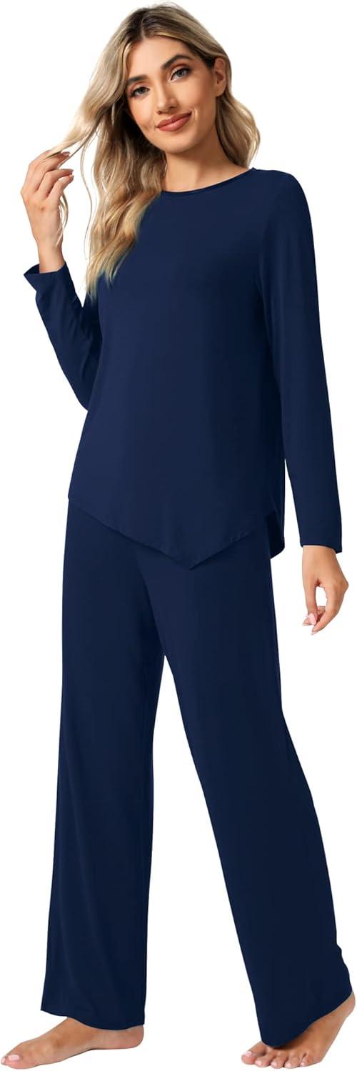 imageWiWi Viscose from Bamboo Pajamas Set for Women Soft Long Sleeve Pj Sleepwear Knit Jammies Pants Lounge Sets Loungewear SXXLBnavy