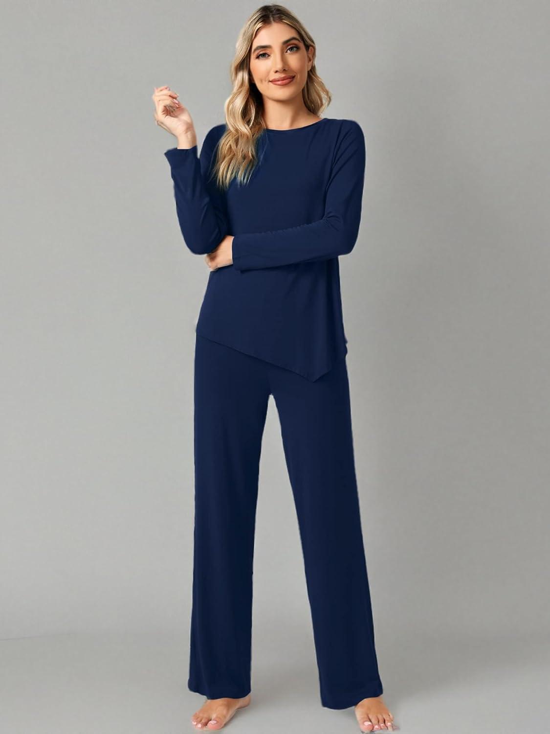 imageWiWi Viscose from Bamboo Pajamas Set for Women Soft Long Sleeve Pj Sleepwear Knit Jammies Pants Lounge Sets Loungewear SXXLBnavy