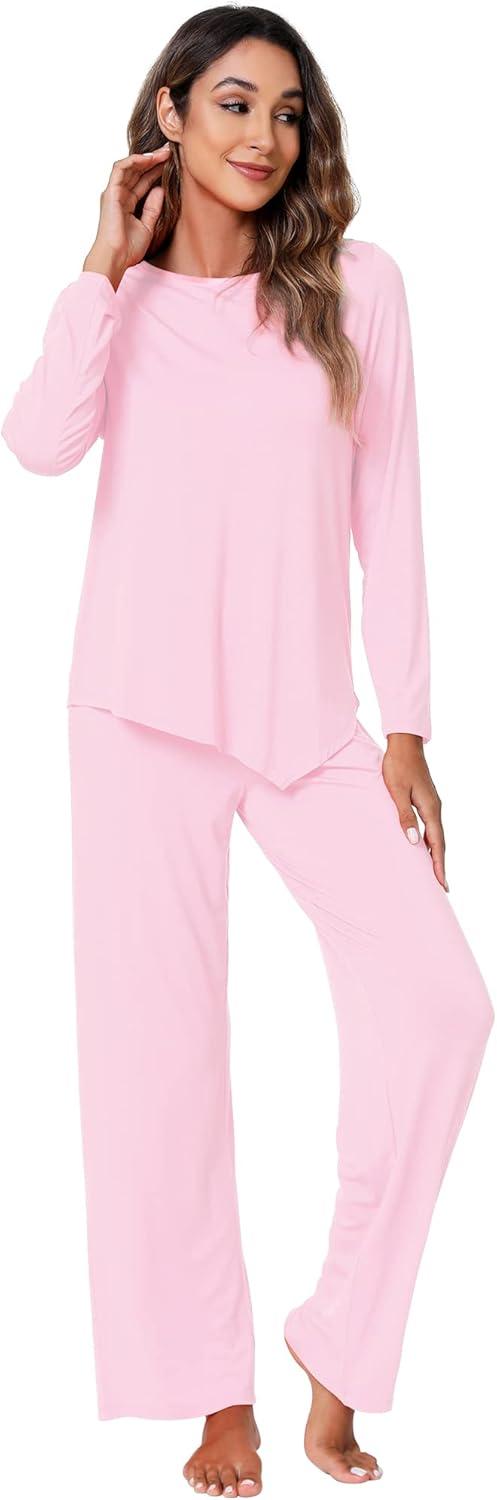 imageWiWi Viscose from Bamboo Pajamas Set for Women Soft Long Sleeve Pj Sleepwear Knit Jammies Pants Lounge Sets Loungewear SXXLBpink