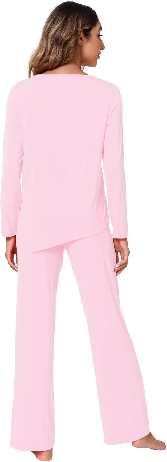 imageWiWi Viscose from Bamboo Pajamas Set for Women Soft Long Sleeve Pj Sleepwear Knit Jammies Pants Lounge Sets Loungewear SXXLBpink