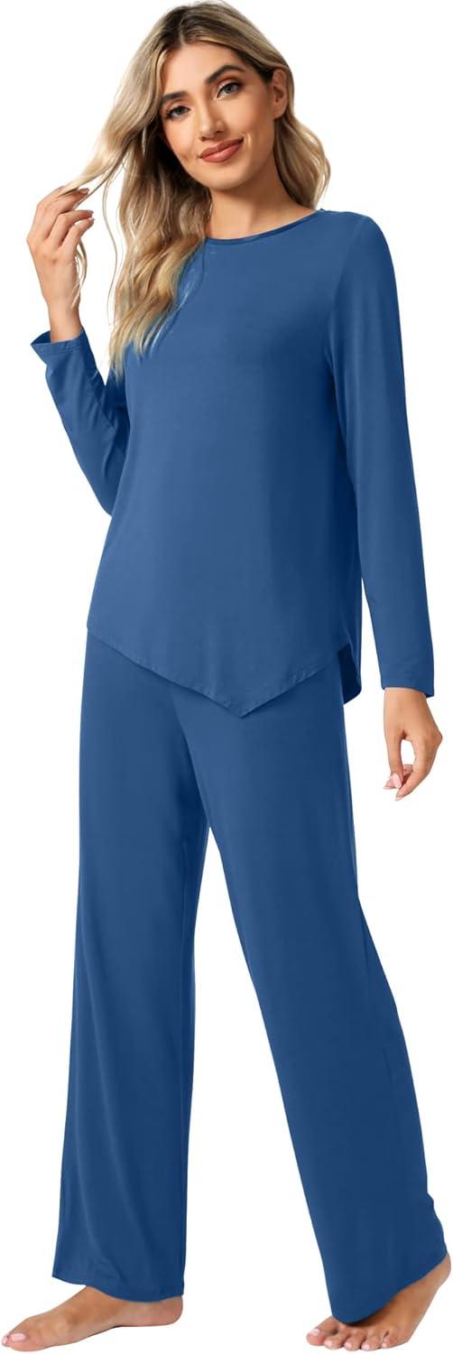 imageWiWi Viscose from Bamboo Pajamas Set for Women Soft Long Sleeve Pj Sleepwear Knit Jammies Pants Lounge Sets Loungewear SXXLBprussian Blue