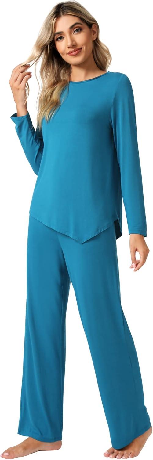 imageWiWi Viscose from Bamboo Pajamas Set for Women Soft Long Sleeve Pj Sleepwear Knit Jammies Pants Lounge Sets Loungewear SXXLBteal Blue