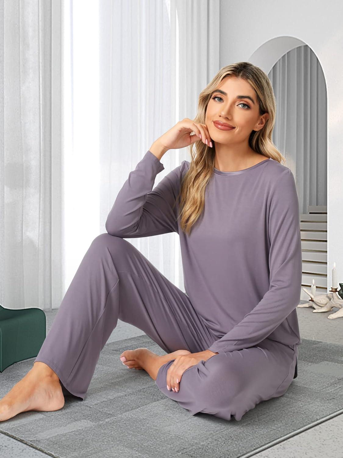 imageWiWi Viscose from Bamboo Pajamas Set for Women Soft Long Sleeve Pj Sleepwear Knit Jammies Pants Lounge Sets Loungewear SXXLBviolet