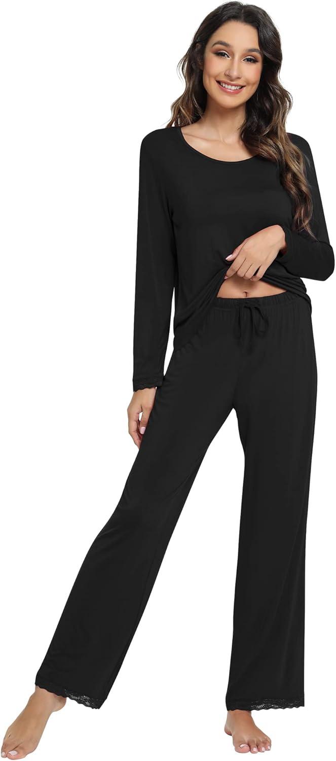 imageWiWi Viscose from Bamboo Pajamas Sets for Women Soft Long Sleeve Sleepwear and Pants Pjs Lounge Set Loungewear SXXLBlack
