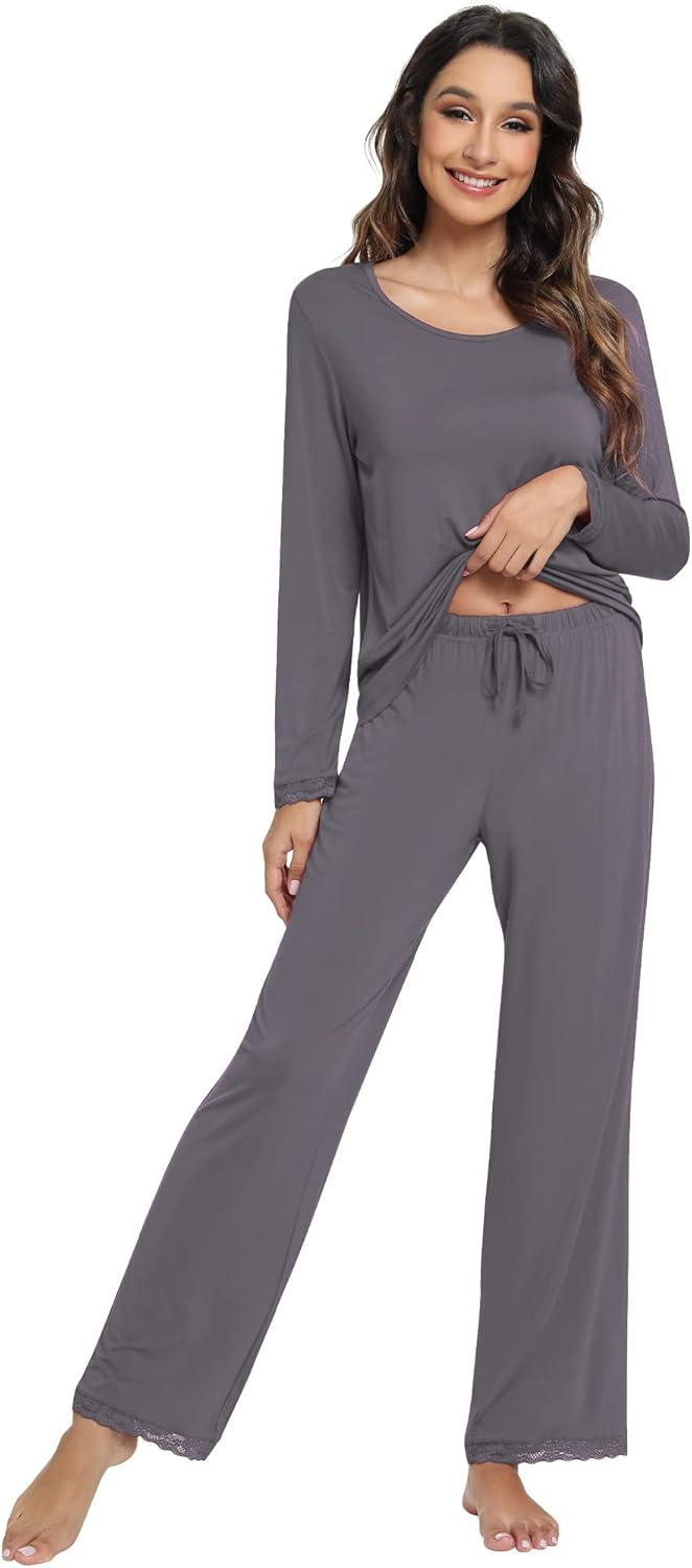 imageWiWi Viscose from Bamboo Pajamas Sets for Women Soft Long Sleeve Sleepwear and Pants Pjs Lounge Set Loungewear SXXLDark Grey
