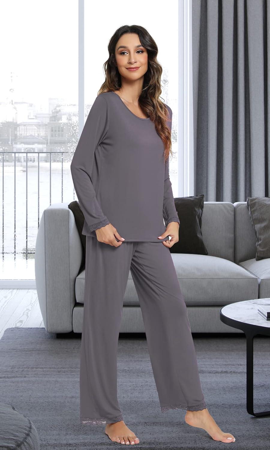 imageWiWi Viscose from Bamboo Pajamas Sets for Women Soft Long Sleeve Sleepwear and Pants Pjs Lounge Set Loungewear SXXLDark Grey