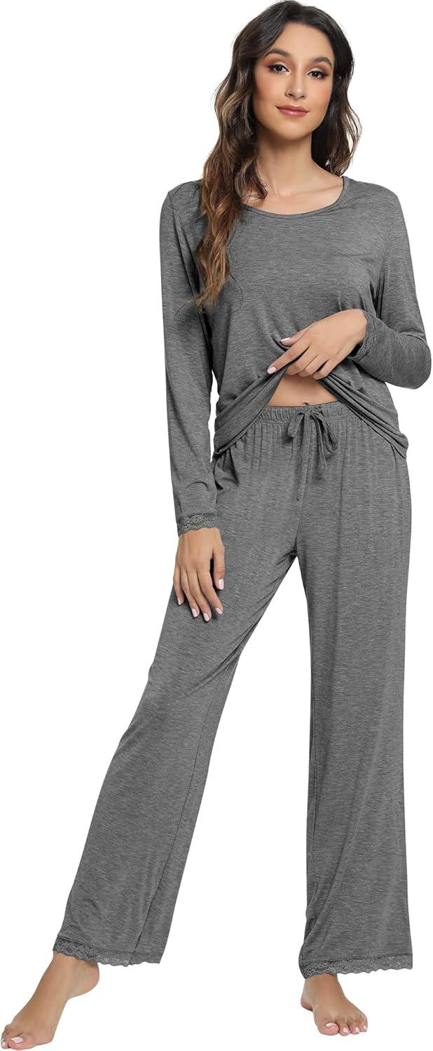 imageWiWi Viscose from Bamboo Pajamas Sets for Women Soft Long Sleeve Sleepwear and Pants Pjs Lounge Set Loungewear SXXLDark Heather Grey