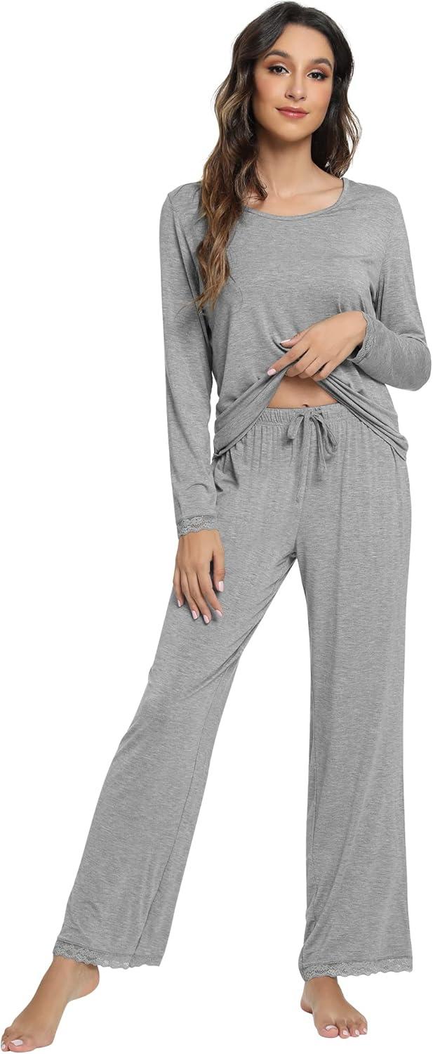 imageWiWi Viscose from Bamboo Pajamas Sets for Women Soft Long Sleeve Sleepwear and Pants Pjs Lounge Set Loungewear SXXLHeather Grey