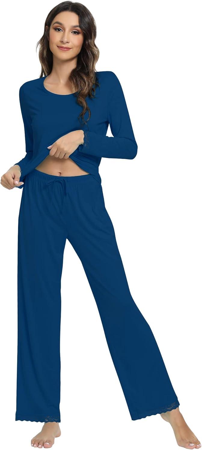 imageWiWi Viscose from Bamboo Pajamas Sets for Women Soft Long Sleeve Sleepwear and Pants Pjs Lounge Set Loungewear SXXLInk Blue