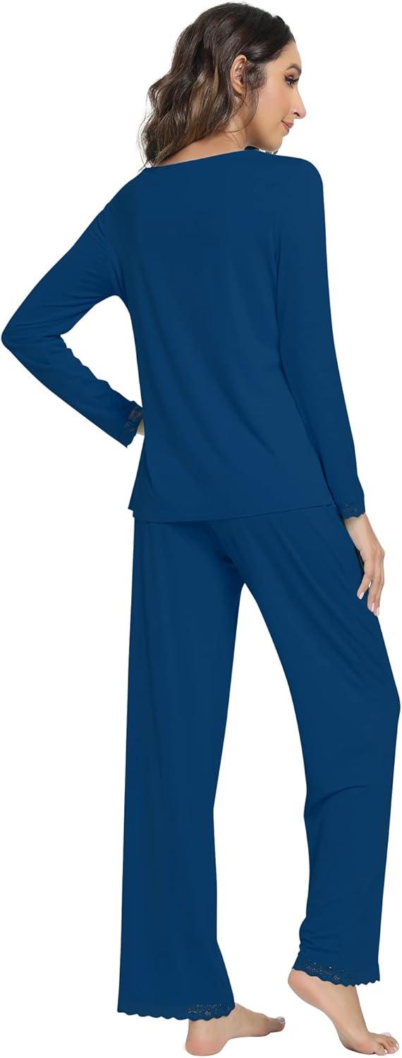 imageWiWi Viscose from Bamboo Pajamas Sets for Women Soft Long Sleeve Sleepwear and Pants Pjs Lounge Set Loungewear SXXLInk Blue